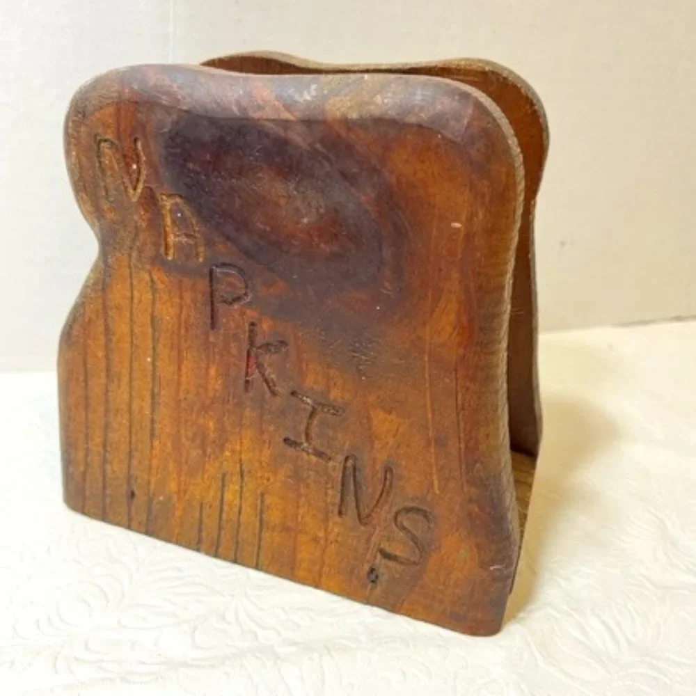VTG Rustic Hand Carved Wooden Napkin Holder Dark Brown 5.5x3.25x5.5